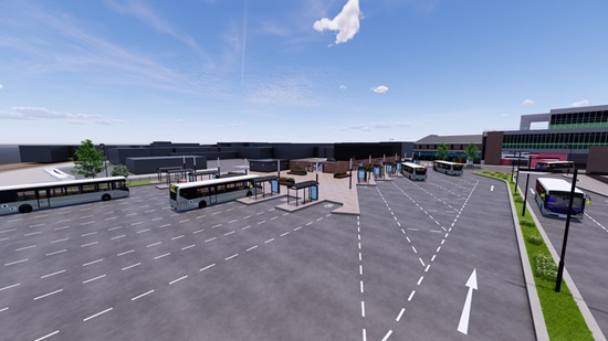A rendered image showing busses at the new transport hub